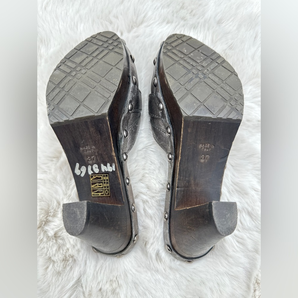 Burberry Brown Leather Heeled Clogs Quilted Plaid Vamp 37 US 7 Vintage 2001 nova - Picture 9 of 11